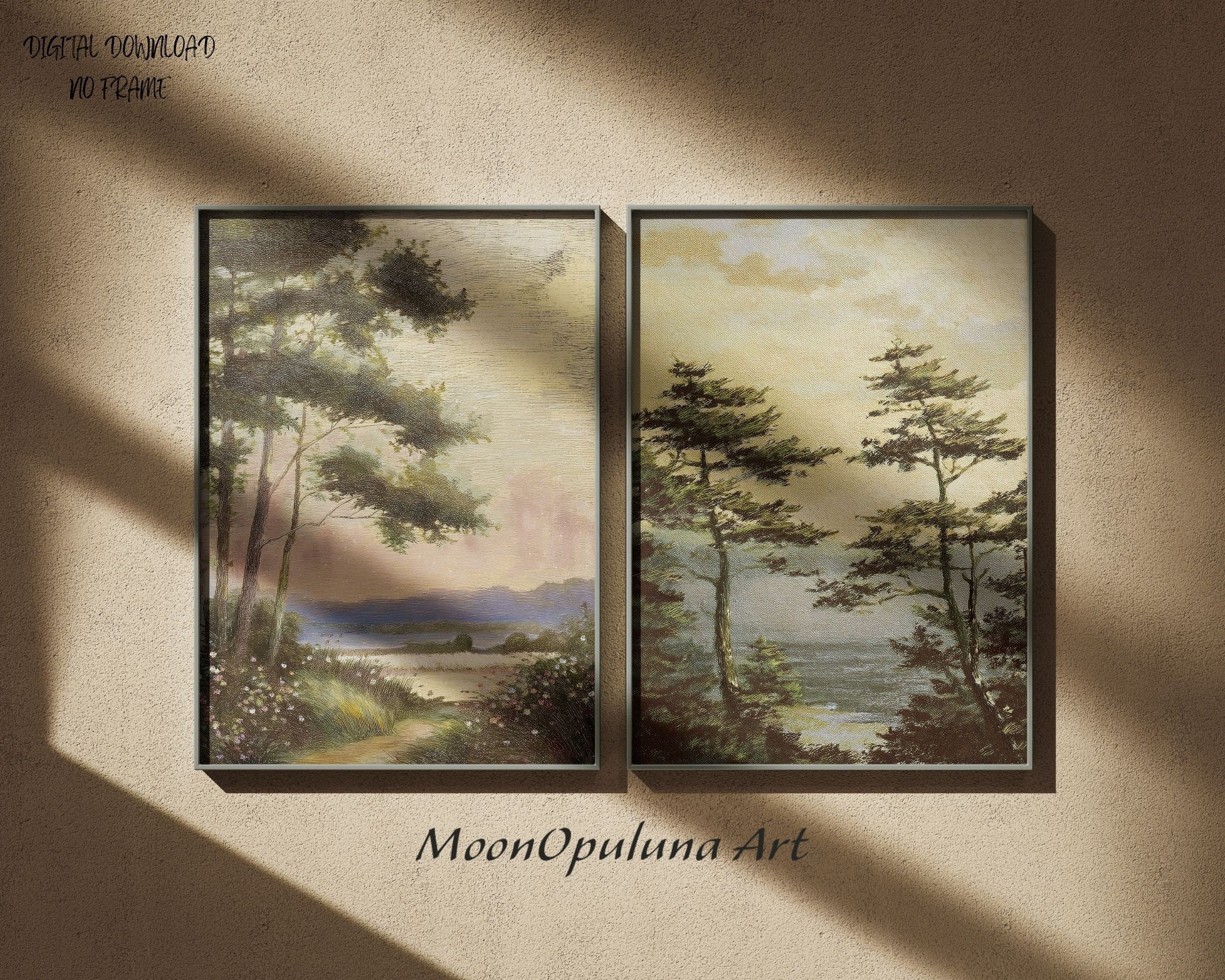 Vintage Lake Landscape Oil Painting: Rustic Fall Decor (Digital Download)