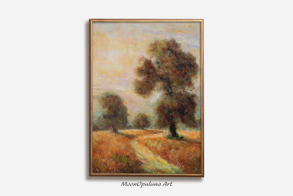 Rustic Oak Tree Landscape Painting: Vintage Farmhouse Art (Digital Download)
