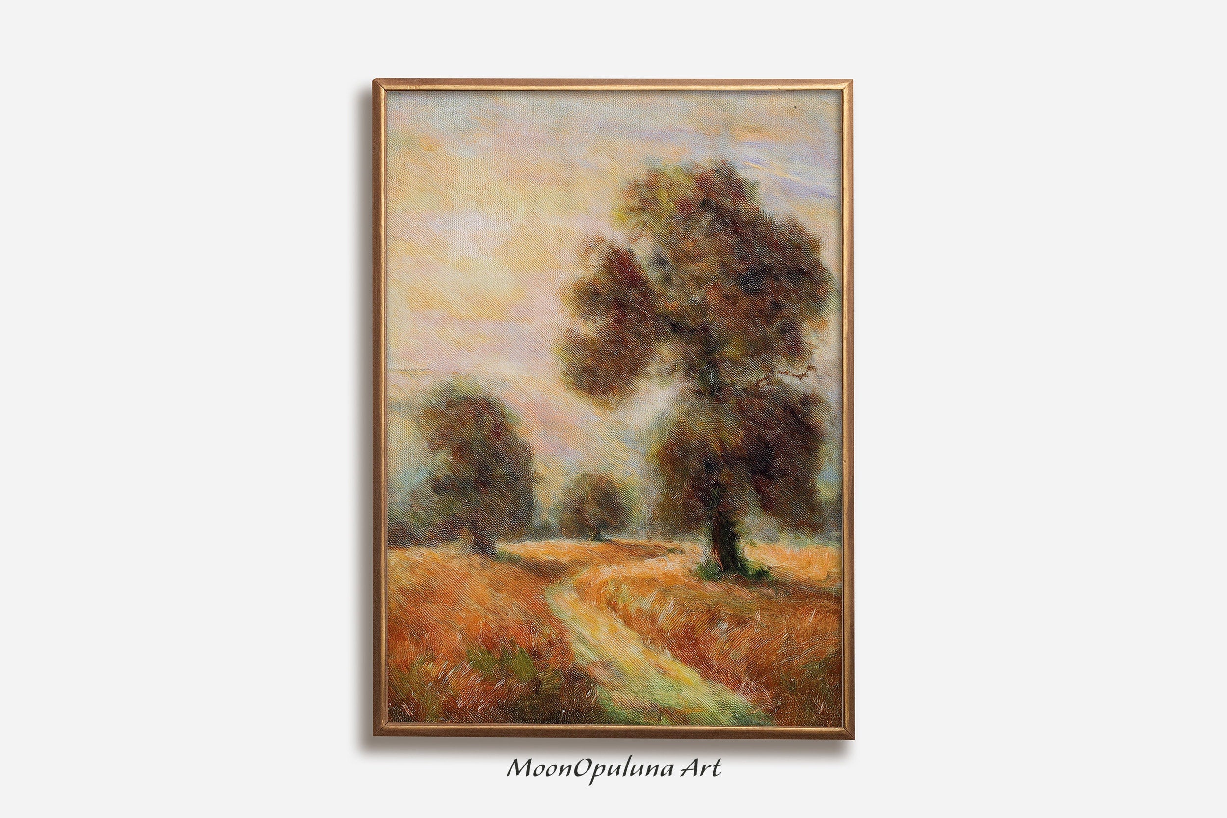 Rustic Oak Tree Landscape Painting: Vintage Farmhouse Art (Digital Download)