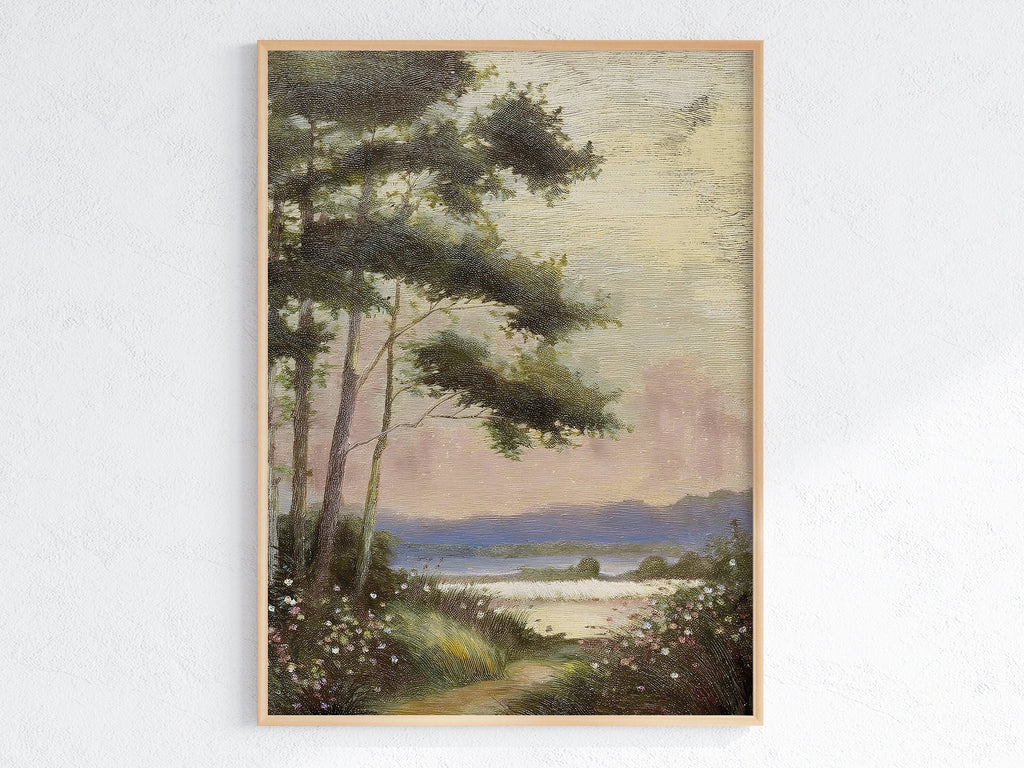 Vintage Lake Landscape Oil Painting: Rustic Fall Decor (Digital Download)