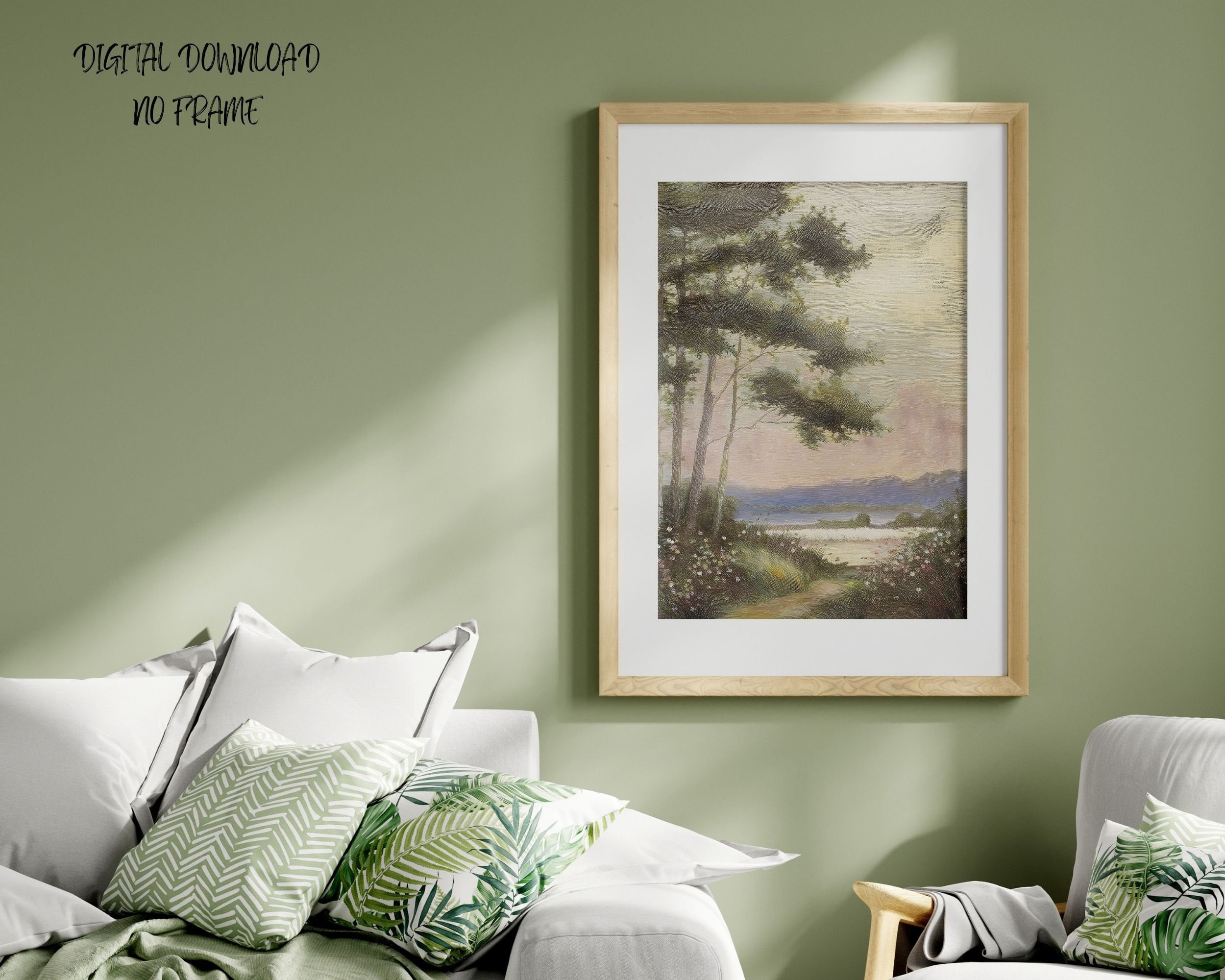 Vintage Lake Landscape Oil Painting: Rustic Fall Decor (Digital Download)