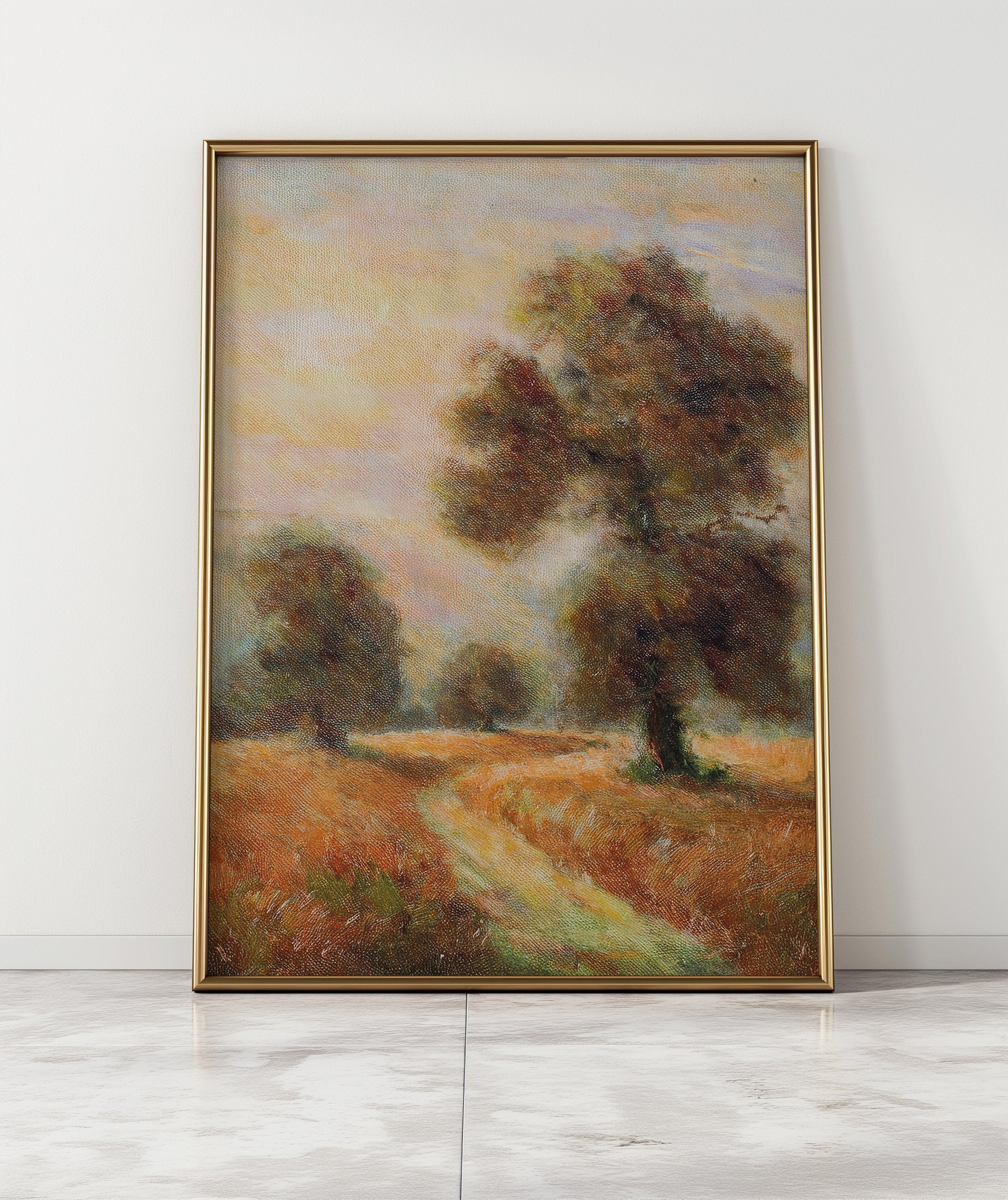 Rustic Oak Tree Landscape Painting: Vintage Farmhouse Art (Digital Download)