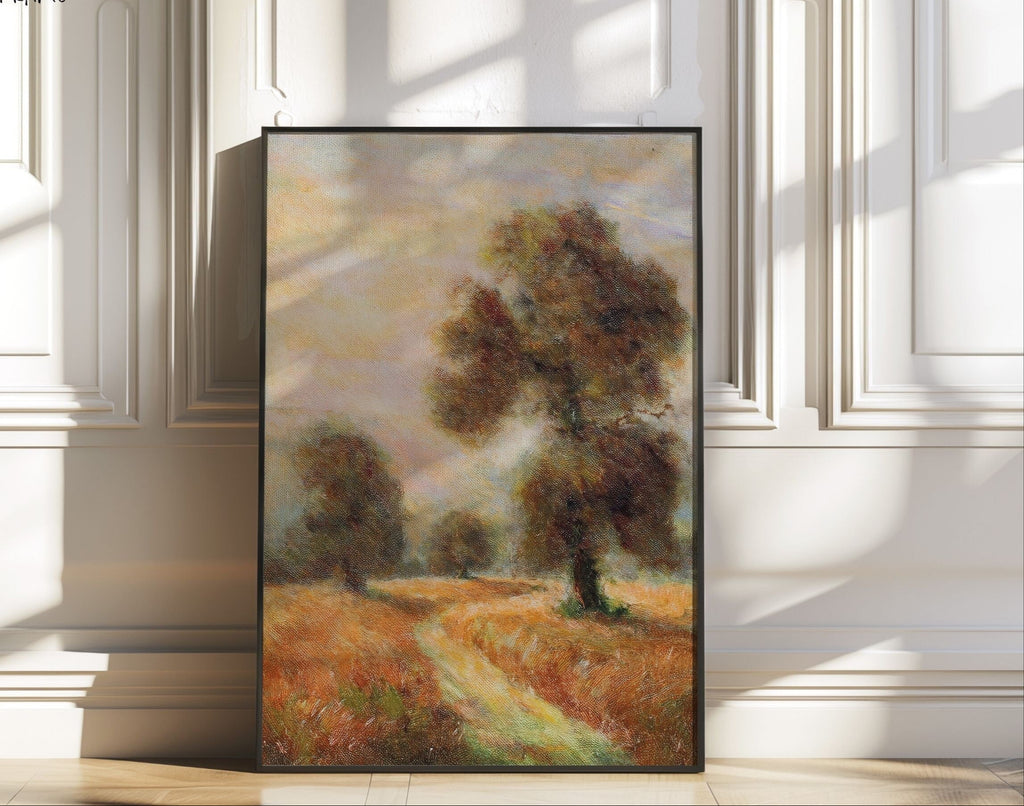 Rustic Oak Tree Landscape Painting: Vintage Farmhouse Art (Digital Download)