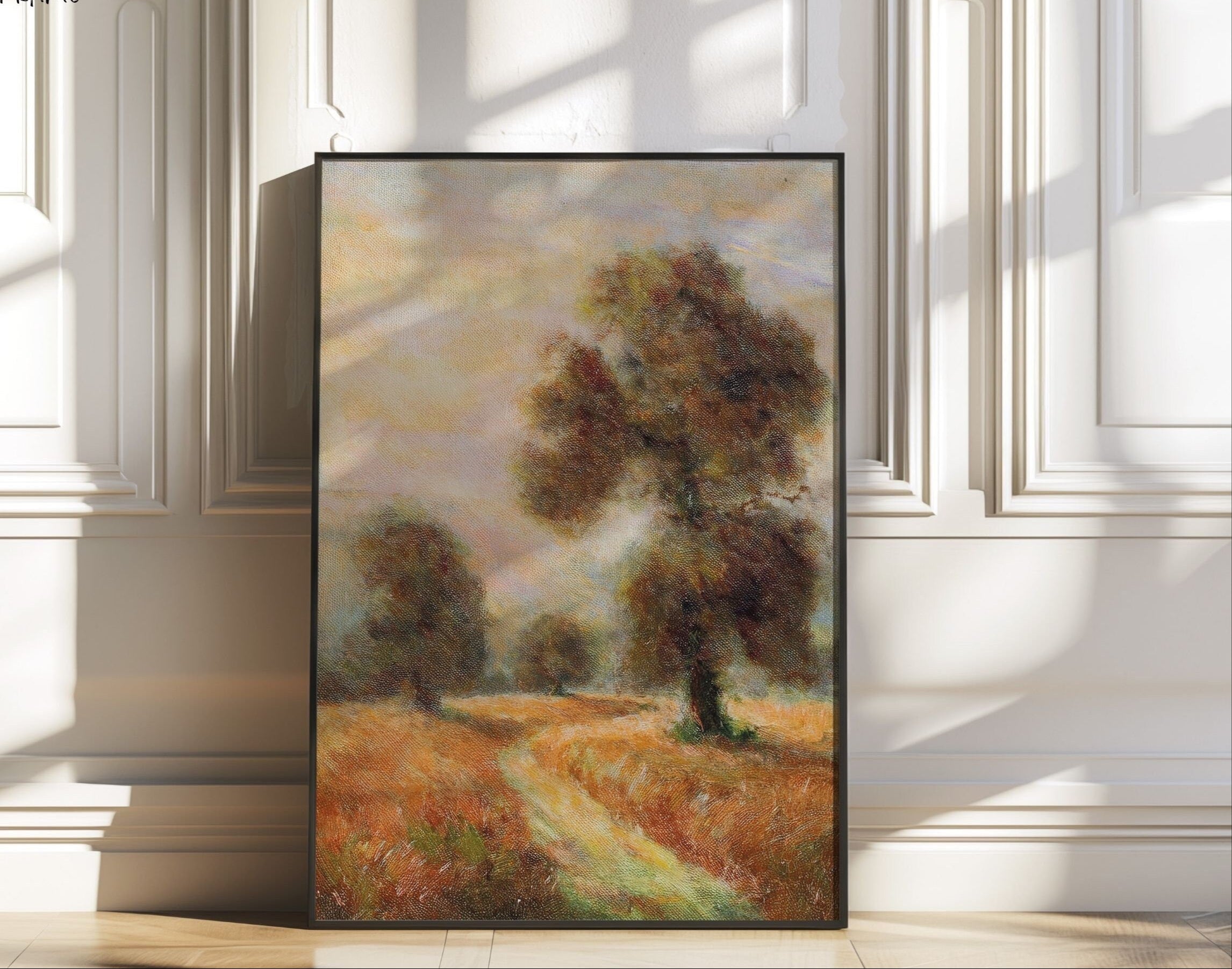 Rustic Oak Tree Landscape Painting: Vintage Farmhouse Art (Digital Download)