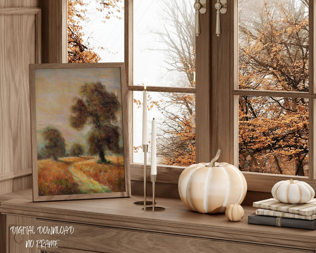 Rustic Oak Tree Landscape Painting: Vintage Farmhouse Art (Digital Download)