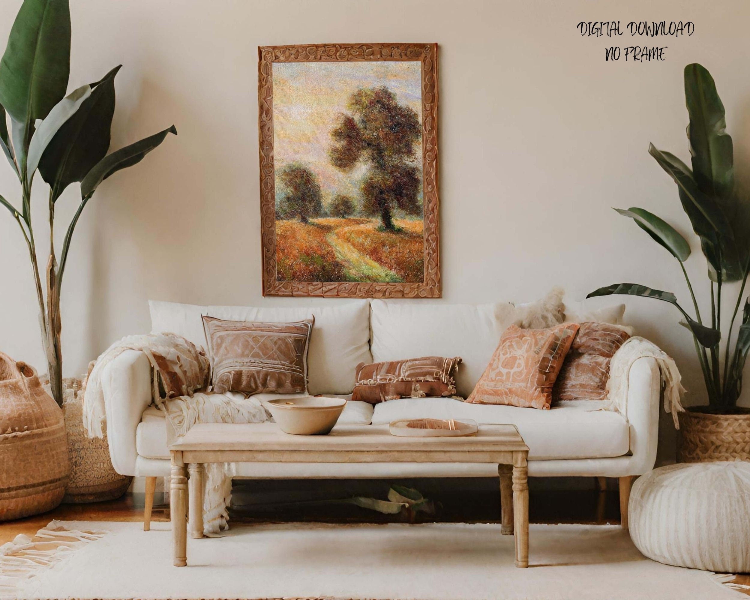 Rustic Oak Tree Landscape Painting: Vintage Farmhouse Art (Digital Download)