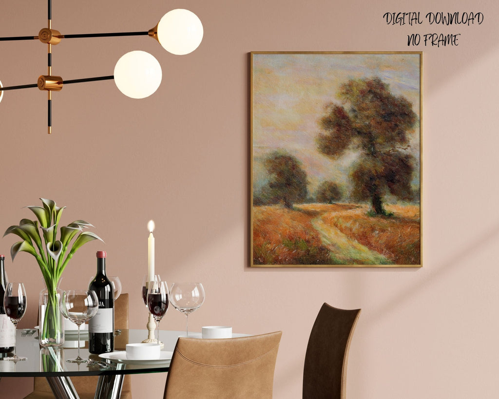 Rustic Oak Tree Landscape Painting: Vintage Farmhouse Art (Digital Download)