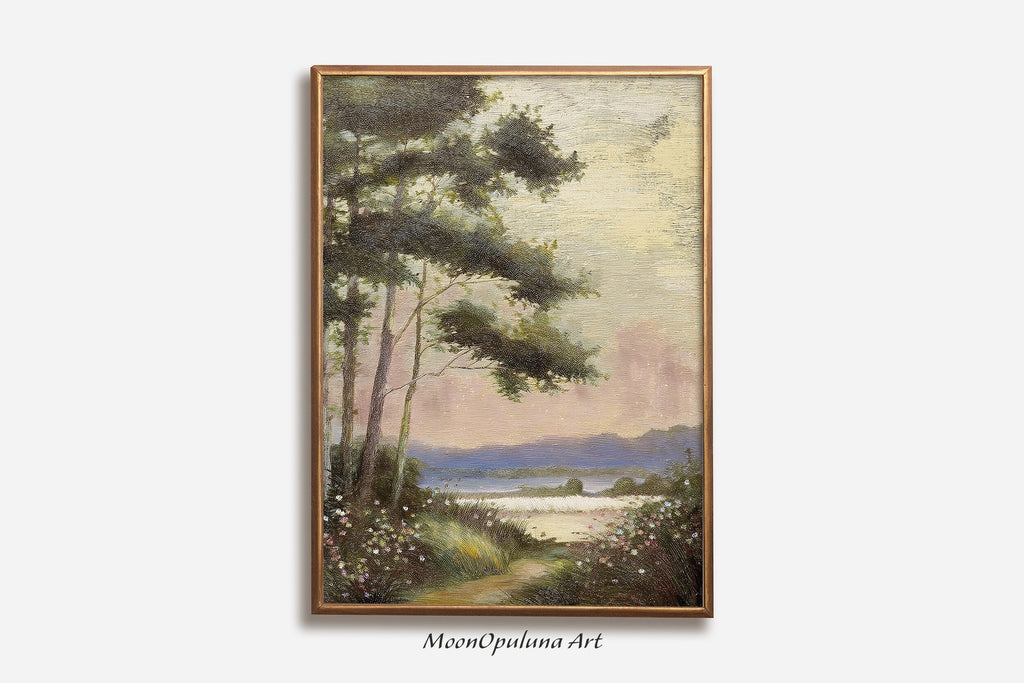 Vintage Lake Landscape Oil Painting: Rustic Fall Decor (Digital Download)