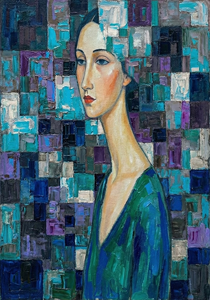 Modigliani Inspired Portrait with Geometric Abstract Background