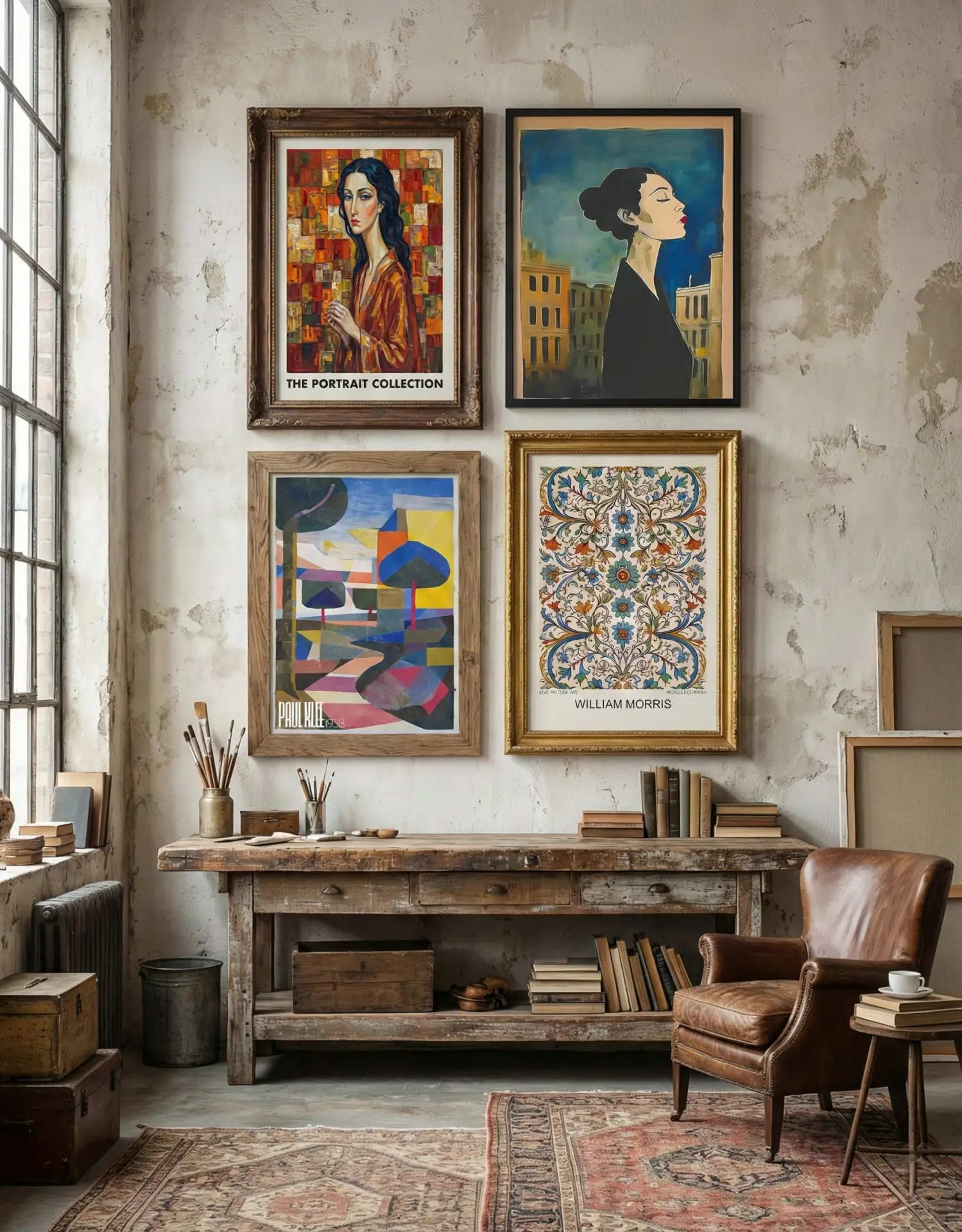 An eclectic curated gallery wall mockup in a distressed industrial art studio, featuring four distinctly framed prints on a textured wall. The display includes a Modigliani-inspired portrait, a Bauhaus-style landscape by Paul Klee, a graphic profile portrait against a city background, and a complex William Morris ornamental textile pattern. Framed wall art set in a bohemian workspace with vintage furniture, paints, and brushes. Ideal for a curated gallery collection promotion. Created by MoonOpuluna.