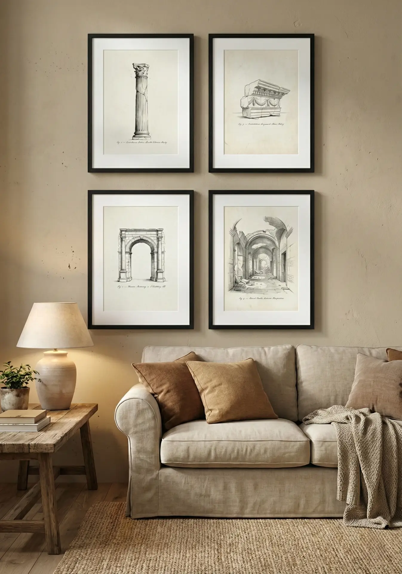 Eclectic living room decor mockup showing vintage architectural sketch printable art framed above a cozy beige sofa.