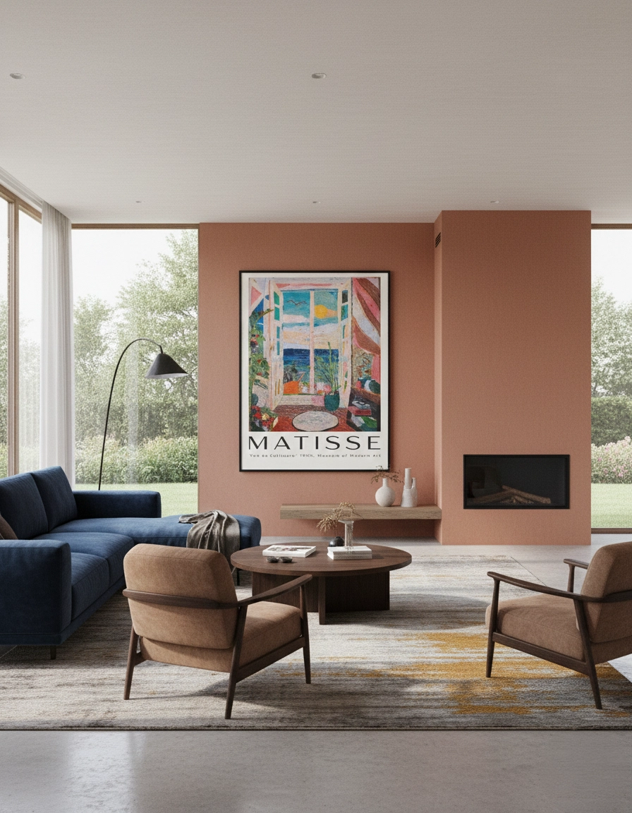 A large museum exhibition poster of Henri Matisse's 'Open Window' with bold typography, framed in black on a warm terracotta accent wall. The interior features a modern navy blue sectional sofa, mid-century brown leather armchairs, and a large window overlooking a garden. High-end contemporary living room inspiration with a focus on French Fauvism art. Created by MoonOpuluna.