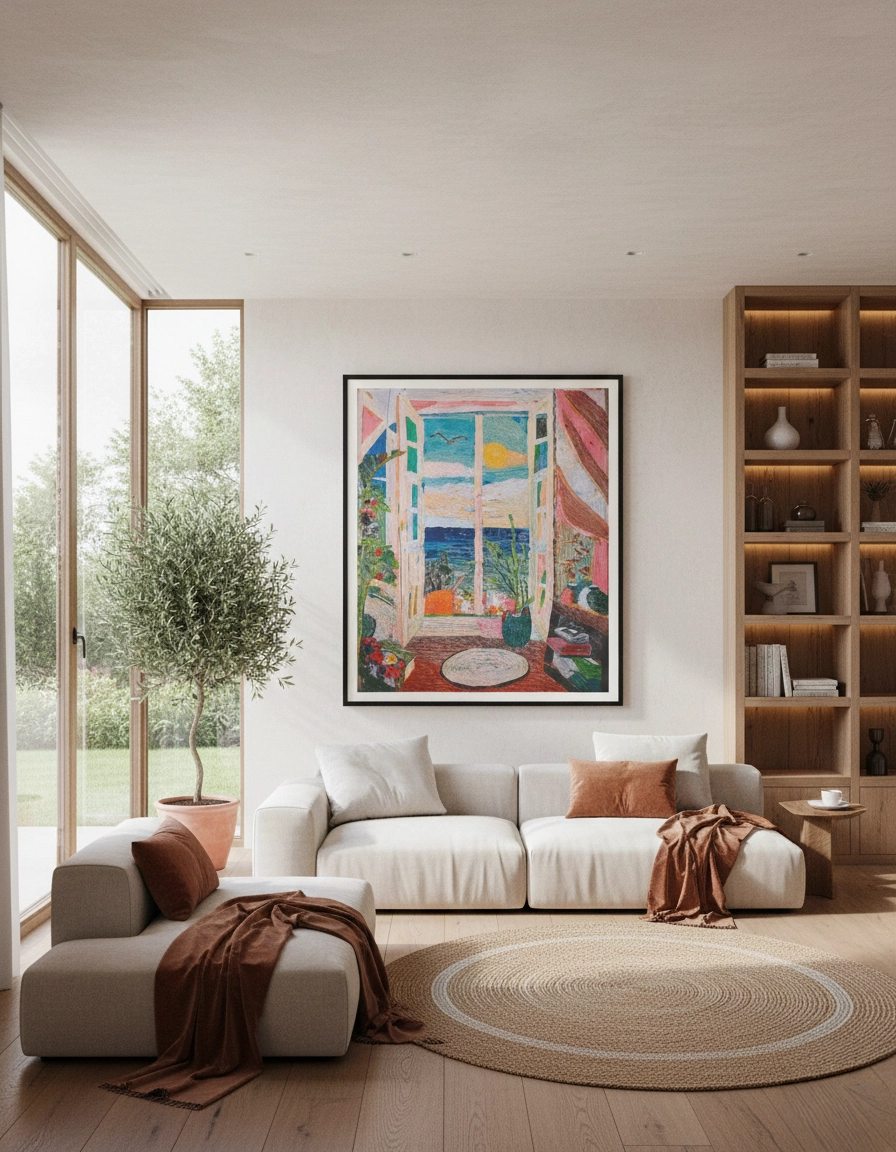 A modern interpretation of Henri Matisse's 'Open Window' painting featuring soft pastel colors, a scenic ocean view, and vibrant balcony plants. The artwork is framed in black and styled in a minimalist Japandi-style living room with a neutral sofa, terracotta pillows, a jute rug, and an indoor olive tree. High-end interior design mockup for contemporary wall art. Created by MoonOpuluna.