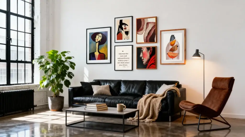 A sophisticated and curated gallery wall consisting of six various sized frames arranged above a modern black leather sofa. The collection includes two Modigliani-inspired portraits with elongated features, an abstract wine glass illustration, a minimalist 'embrace the extraordinary' typography quote, and earthy-toned abstract organic shapes. The bright, high-ceiling loft interior features a large industrial window, a stylish brown leather accent chair, and a lush green plant. Contemporary home decor inspiration by MoonOpuluna.
