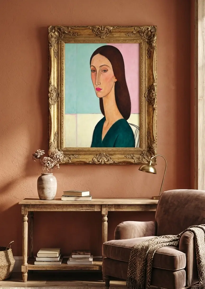 A mockup of a classic and modern living room featuring a vintage-style fireplace mantle and a cozy brown leather chair. Above the mantle is a large, ornate gold-framed Modigliani-style expressionist portrait print of a woman in a large hat by MoonOpuluna. Sunlight enters from a window on the side.