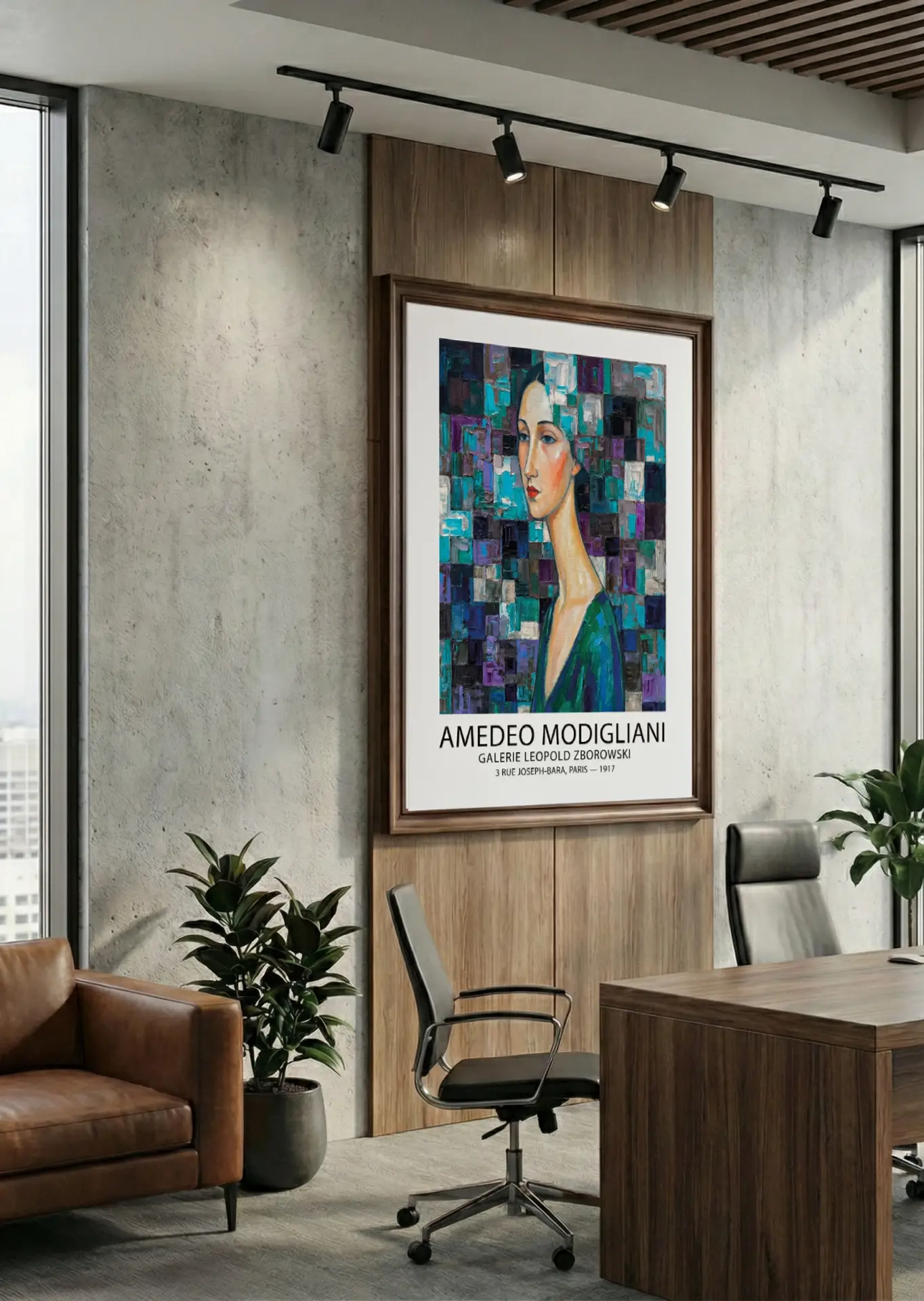 A professional modern office interior mockup featuring a large museum-style exhibition poster of Amedeo Modigliani. The teal and purple portrait is framed in dark wood on a textured wall above an executive desk. Text reads: AMEDEO MODIGLIANI | GALERIE LEOPOLD ZBOROWSKI. Created by MoonOpuluna.