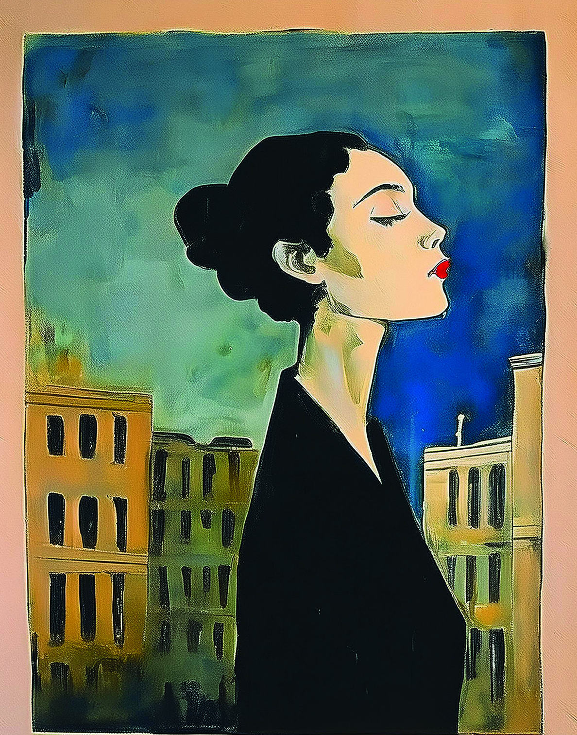 An elegant profile portrait of a woman with a sleek black bun and red lips, set against a stylized city skyline. This modern vintage artwork uses a striking color palette of deep navy blue, mustard yellow, and ochre. Modigliani-inspired silhouette with a contemporary urban twist. Original digital art by MoonOpuluna.