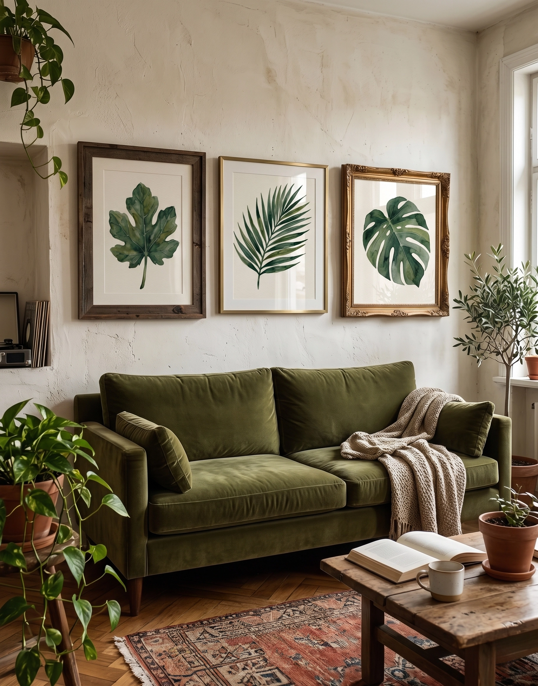 japandi-style-living-room-decor-triptych-leaf-prints